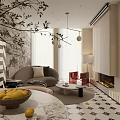 Modern Dining and Living Room Interior With Sofa Dining Table Patterned Flooring And Lighting