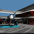 Modern Commercial Building Exterior With Glass Curtain Walls Canopy Outdoor Plaza And Decorative Installations