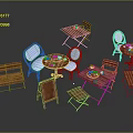 Wooden Outdoor Furniture Collection With Round Tables Chairs Benches And Blue Cushions