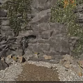 Natural Rock Wall With Lush Green Plants And Stone Ground