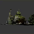 Natural Stone And Wood Decorative Scene With Moss Covered Surface And Water Puddle