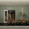 Cozy Dessert Shop Interior With Textured Walls Wooden Tables Gray Chairs And Decorative Paintings