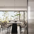 Modern Dining Interior With Natural Light Sliding Blinds Dining Table And Chairs 3d model
