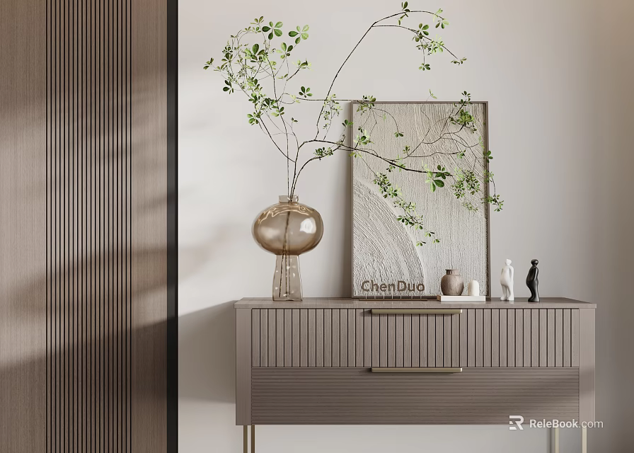 Decorative Ornament Set on Cabinet with Vase Green Leaf Branch Painting and Small Figurines 3d model 