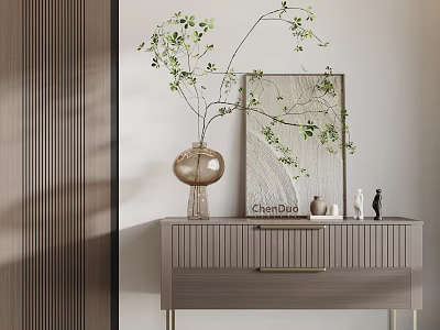 Decorative Ornament Set on Cabinet with Vase Green Leaf Branch Painting and Small Figurines 3d model