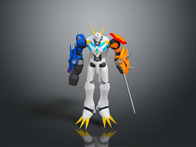 3D Robot Character Featuring Yellow Horns Blue Orange Arms White Body Claw Feet And Sword 3d model