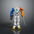 3D Robot Character Featuring Yellow Horns Blue Orange Arms White Body Claw Feet And Sword
