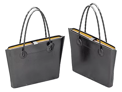 Black Leather Tote Bags With Long Handles Yellow Interior Lining And Round Metal Accents 3d model