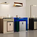 Modern Tea Cabinets on Display with Beige Brown Blue Black and Tea Sets