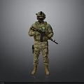 Military Soldier In Camouflage Uniform With Helmet Goggles And Rifle Standing