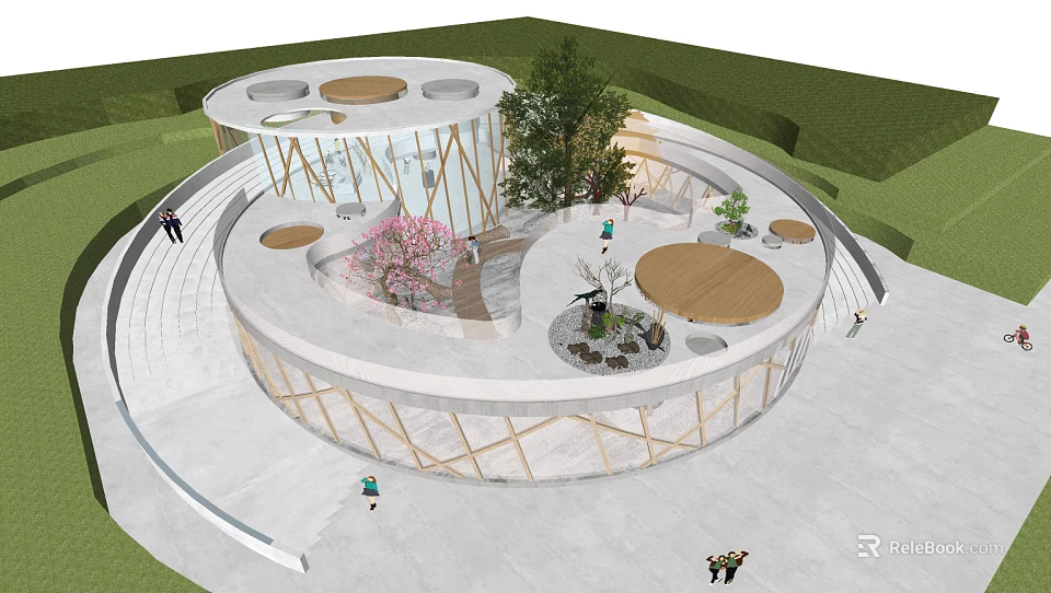 Modern Circular Architectural Space With Wooden Framework Green Plants And Circular Platforms 3d model
