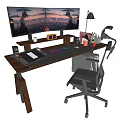Ergonomic Home Office Wooden Desk and Chair Set with Dual Monitors Lamp and Keyboard