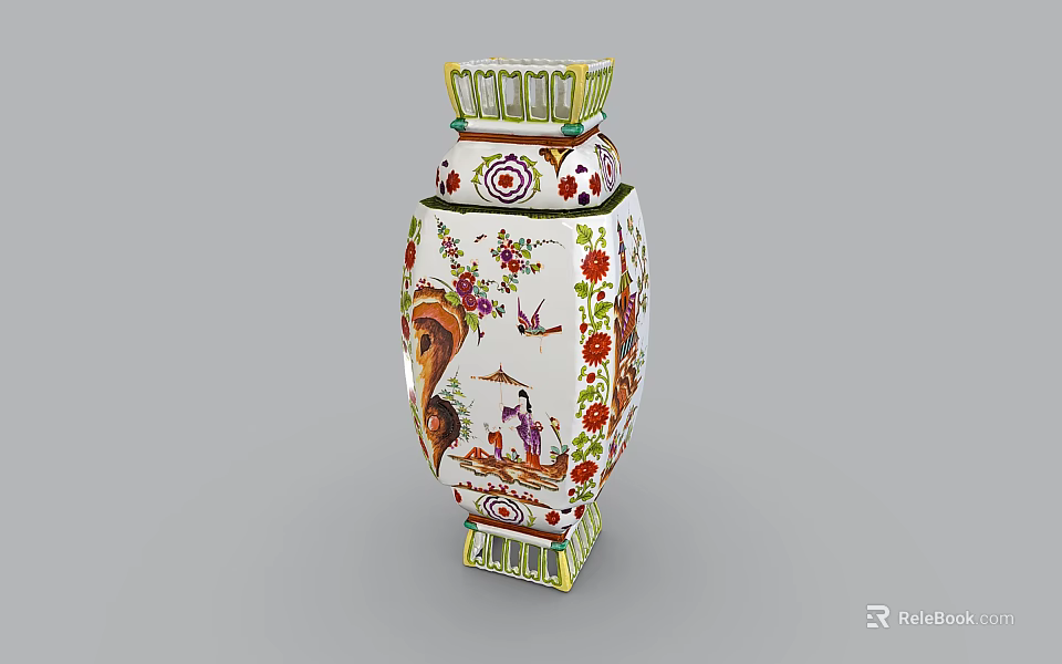 Exquisite Ceramic Vase With Colorful Floral And Figure Patterns On White Base And Golden Trim 3d model 