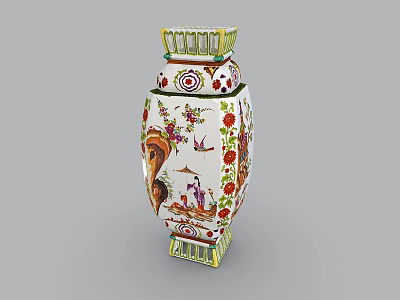 Exquisite Ceramic Vase With Colorful Floral And Figure Patterns On White Base And Golden Trim 3d model