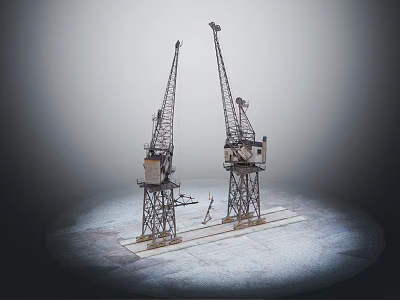 Two Industrial Cranes With Tall Metal Structures And Mechanical Arms On Platform 3d model
