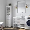 Bright White Bathroom With Bathtub Washing Machine Tall Cabinet And Plants