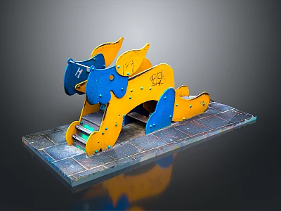 Animal Shaped Metal Sculpture With Blue Yellow Color And Graffiti On Metal Platform 3d model