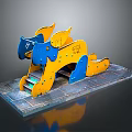Animal Shaped Metal Sculpture With Blue Yellow Color And Graffiti On Metal Platform