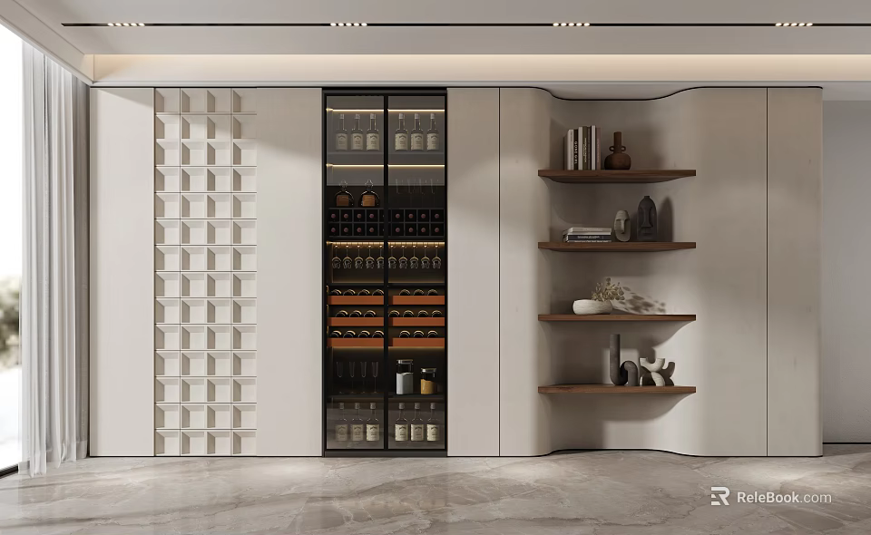 Modern Open Wine Cabinet Design With Glass Doors Wine Racks And Decorative Shelves 3d model 