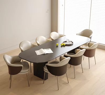 Black Oval Dining Table with Beige Brown Chairs Open Book and Fruit Plate in Light Interior 3d model