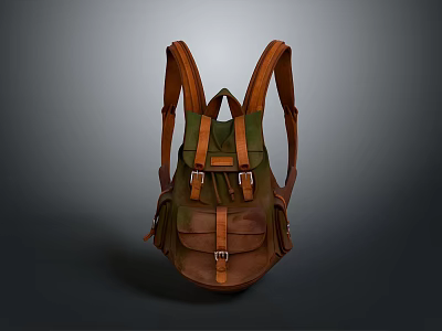 Practical Green And Brown Backpack With Leather Straps And Buckles For Daily Use 3d model