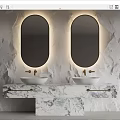 Marble Bathroom Vanity with Double Sinks Illuminated Mirrors and Gold Faucets
