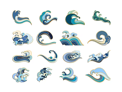 Artistic Wave Design Elements with Various Blue Green Patterns and Shapes 3d model