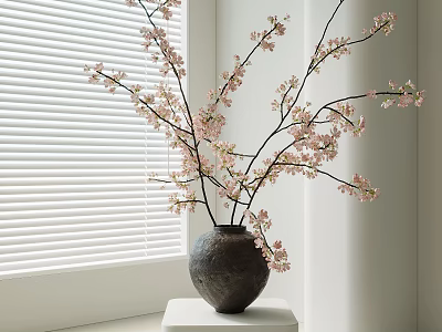 Textured Ceramic Vase With Pink Flower Branches by White Window Blinds on White Pedestal 3d model