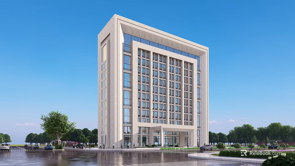 Modern Light colored Office Building Facade With Glass Windows Surrounding Trees And Blue Sky 3d model 