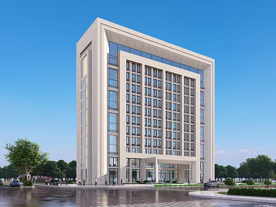 Modern Light colored Office Building Facade With Glass Windows Surrounding Trees And Blue Sky 3d model