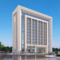 Modern Light colored Office Building Facade With Glass Windows Surrounding Trees And Blue Sky