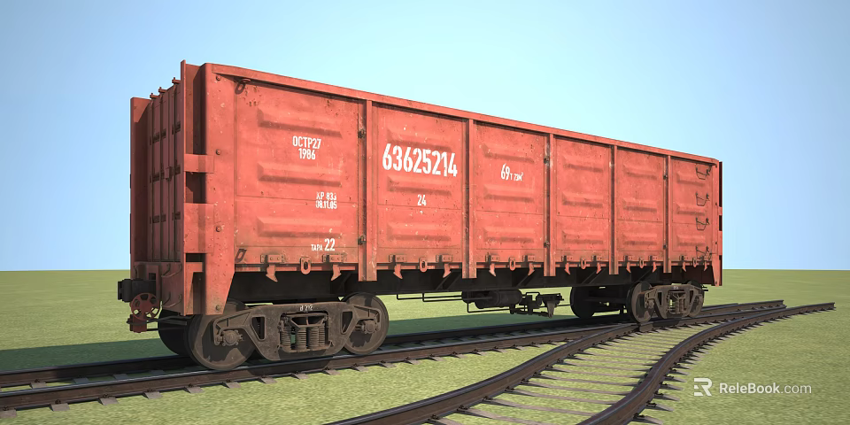 Red Freight Train Carriage On Railway Tracks With Blue Sky Green Grass Background 3d model 