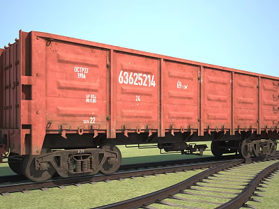 Red Freight Train Carriage On Railway Tracks With Blue Sky Green Grass Background 3d model