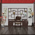 Traditional Chinese Room Interior With Red Curtains Calligraphy Paintings And Wooden Furniture