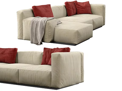 Comfortable Beige Fabric Sectional Sofa With Red Cushions And Gray Throw Blanket 3d model