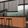 Modern Restaurant Bar Counter With Two Stools Large Windows Wooden Blinds Overlooking Mountain View