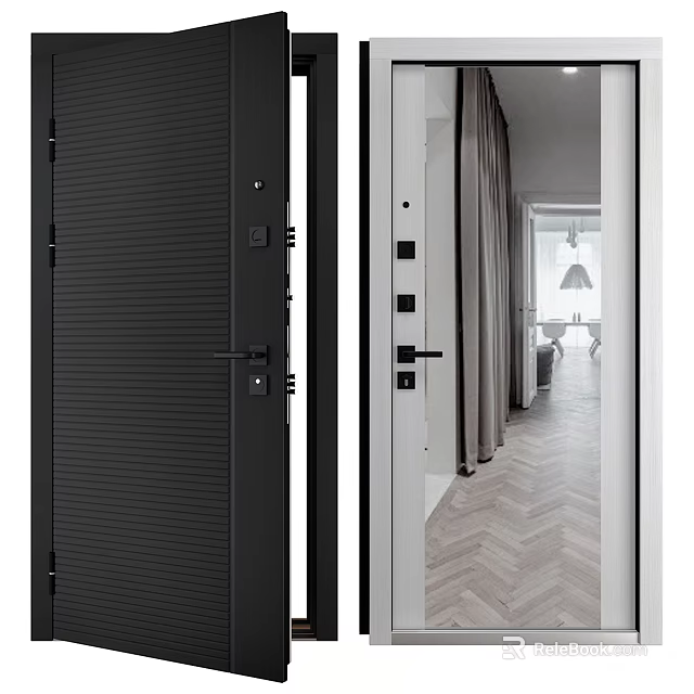 Modern Black Hinged Door With Vertical Lines In Minimalist Interior Space 3d model 