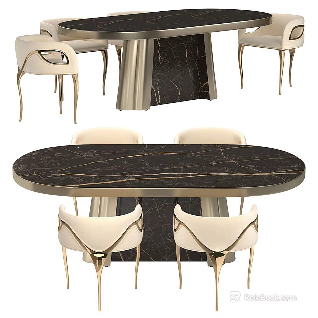 Modern Oval Black Marble Dining Table Set With Beige Chairs And Gold Legs 3d model 