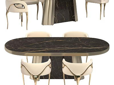 Modern Oval Black Marble Dining Table Set With Beige Chairs And Gold Legs 3d model