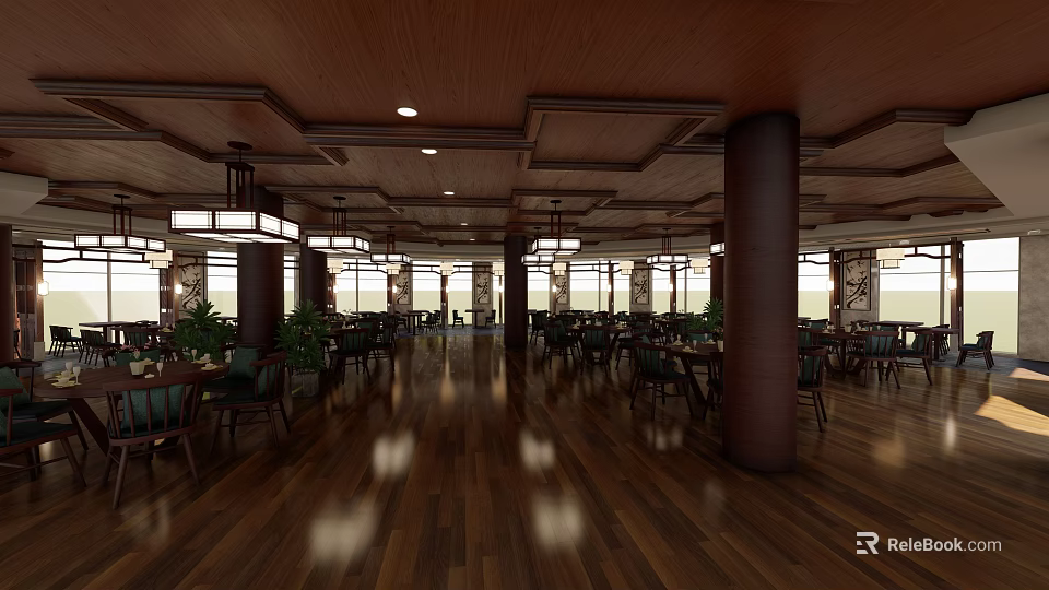 Spacious Restaurant Interior With Wooden Ceiling Floor Columns Chandeliers Tables And Plants 3d model 