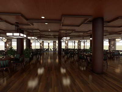 Spacious Restaurant Interior With Wooden Ceiling Floor Columns Chandeliers Tables And Plants 3d model