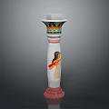 Decorative Column With Painted Bird Design Red Accents And Ornate Top