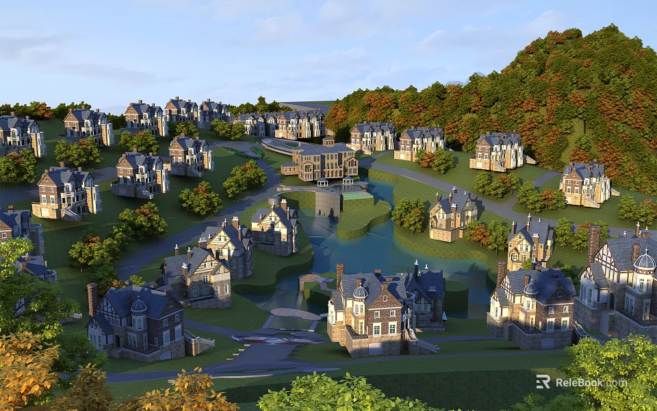 Luxury Detached Villas Scenic Community With Green Trees Hills And Lakes 3d model 