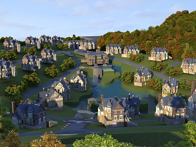 Luxury Detached Villas Scenic Community With Green Trees Hills And Lakes 3d model