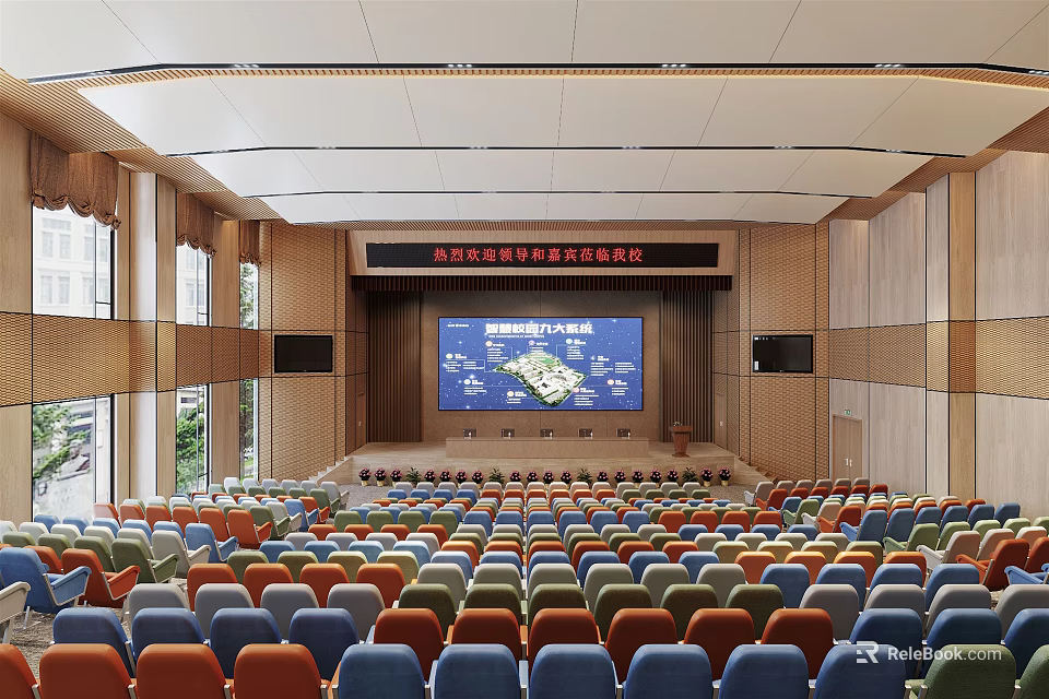 Modern Conference Room With Colorful Seats Stage Big Screen Wooden Walls And Ceiling 3d model 