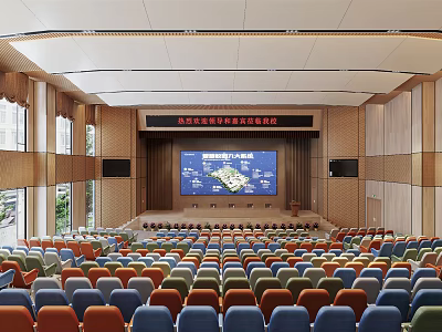 Modern Conference Room With Colorful Seats Stage Big Screen Wooden Walls And Ceiling 3d model