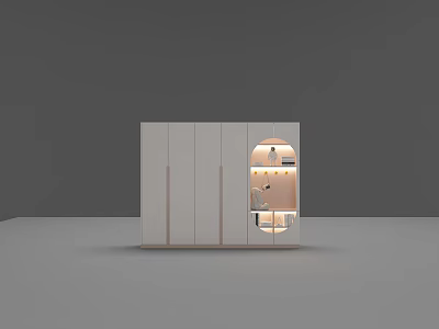 Modern Wardrobe Interior Design With Light Gray Wooden Curved Open Section And Illuminated Shelves 3d model