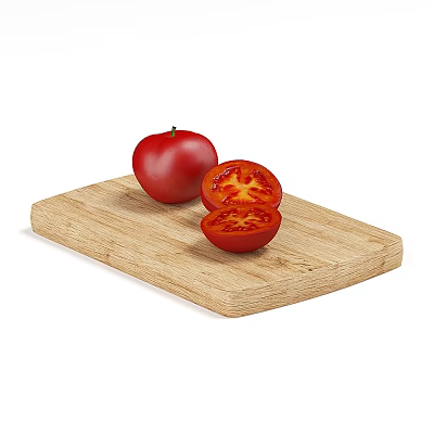 Fresh Red Tomato Whole And Halved On Wooden Cutting Board 3d model