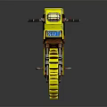 Yellow motorcycle with black seat and spoked wheels in retro mechanical design