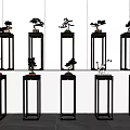 Modern Metal Plant Stands Displaying Bonsai Plants Against White Wall